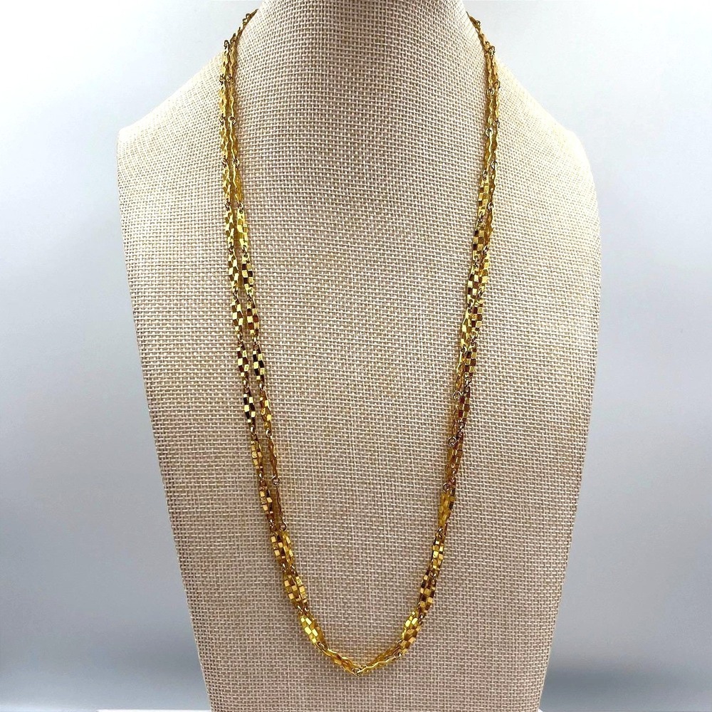 Vintage Gold Tone Textured Faceted Link Long‎ Opera Necklace Chain Statement Y2K